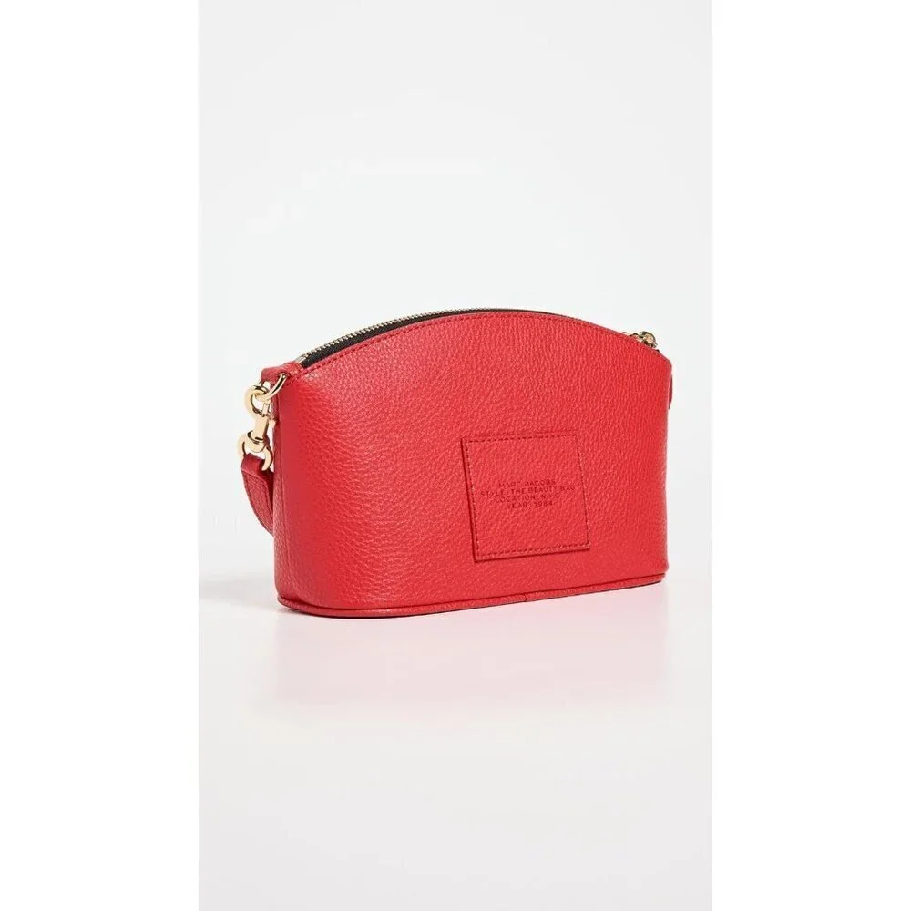 Leather Beauty Bag Womens Red Cow Split Leather Zipper Closure 12x9x2